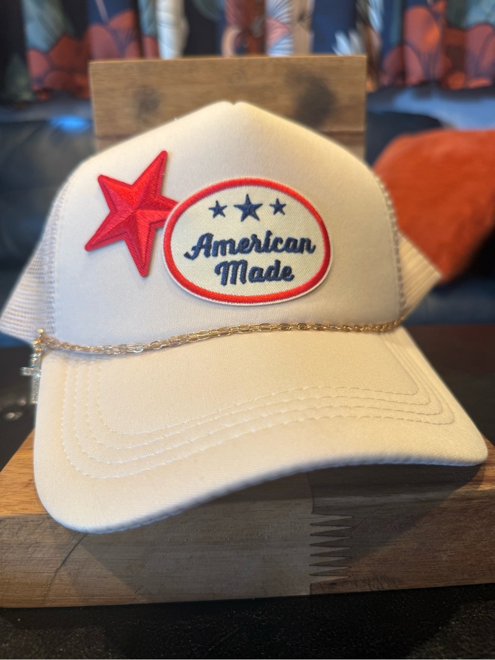 American Made White Trucker Hat with Red Star Patch